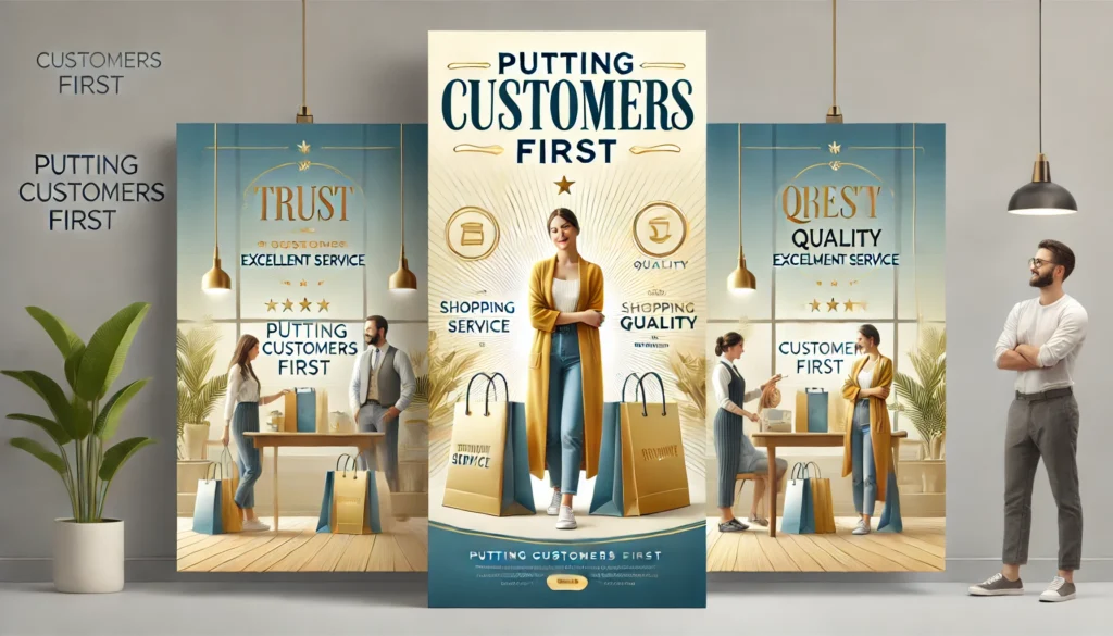 A clean and professional banner with the title "Putting Customers First" showcasing a satisfied customer receiving excellent service, with imagery of shopping bags, friendly interactions, and an inviting atmosphere.