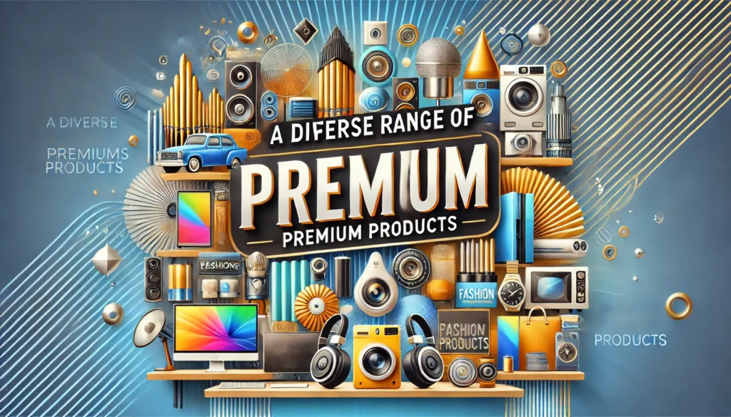 A vibrant digital banner displaying the title "A Diverse Range of Premium Products" with a colorful assortment of high-quality items such as electronics, fashion, and home decor, set against a sleek and modern layout.