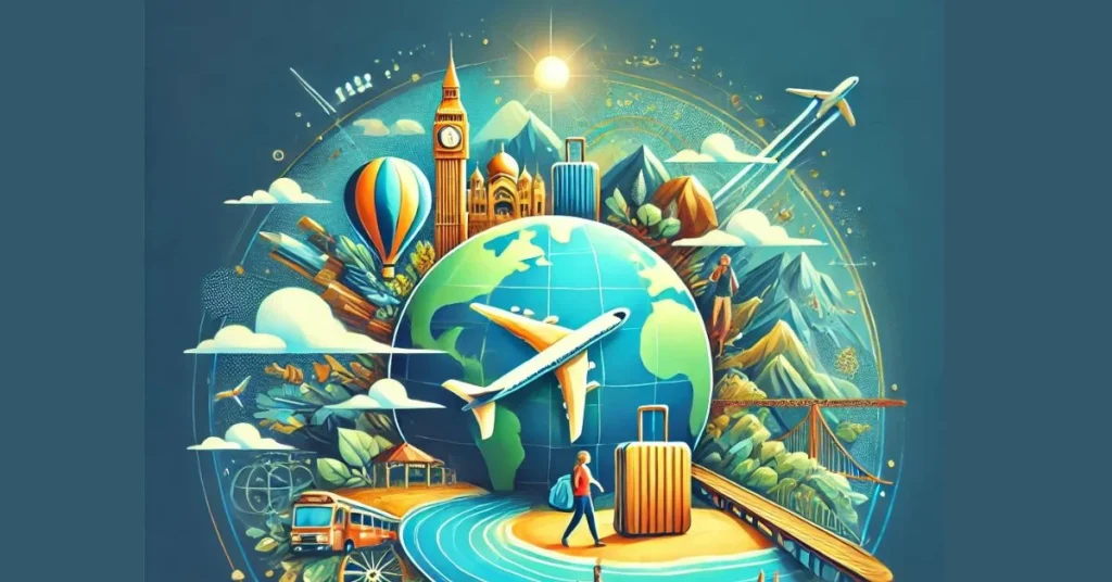 A vibrant and captivating image featuring a globe, an airplane, suitcases, and travelers exploring scenic landscapes like beaches, mountains, and cityscapes, representing the theme 'Travelsfornow.com – Your Gateway to Memorable Adventures' with modern digital aesthetics in blue, green, and gold tones.